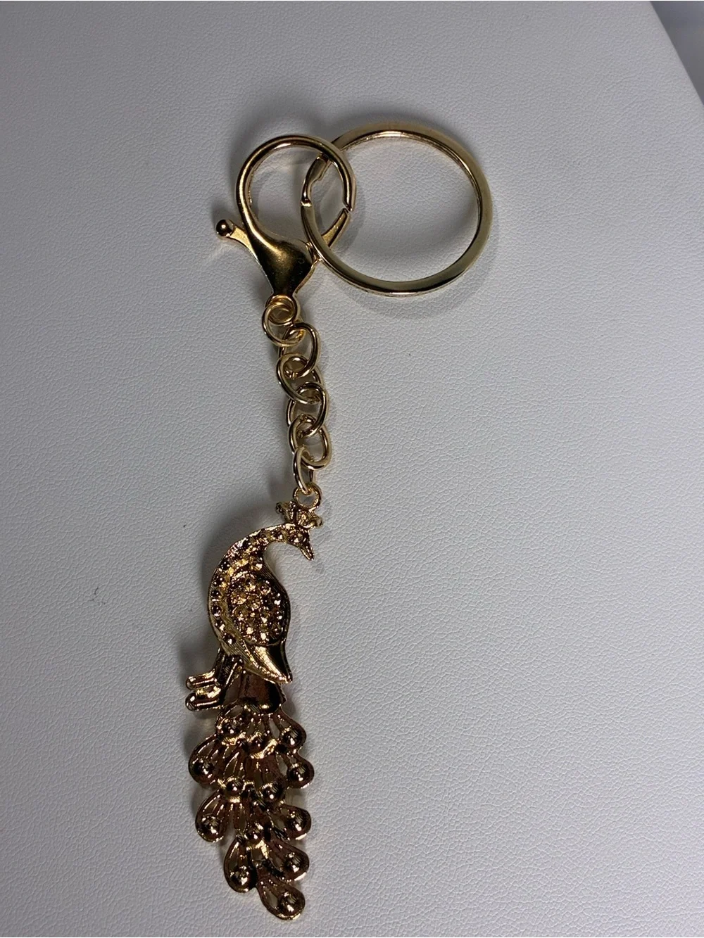 Gold Peacock Key & Card Holder Charm with Pink and Multicolor Gems